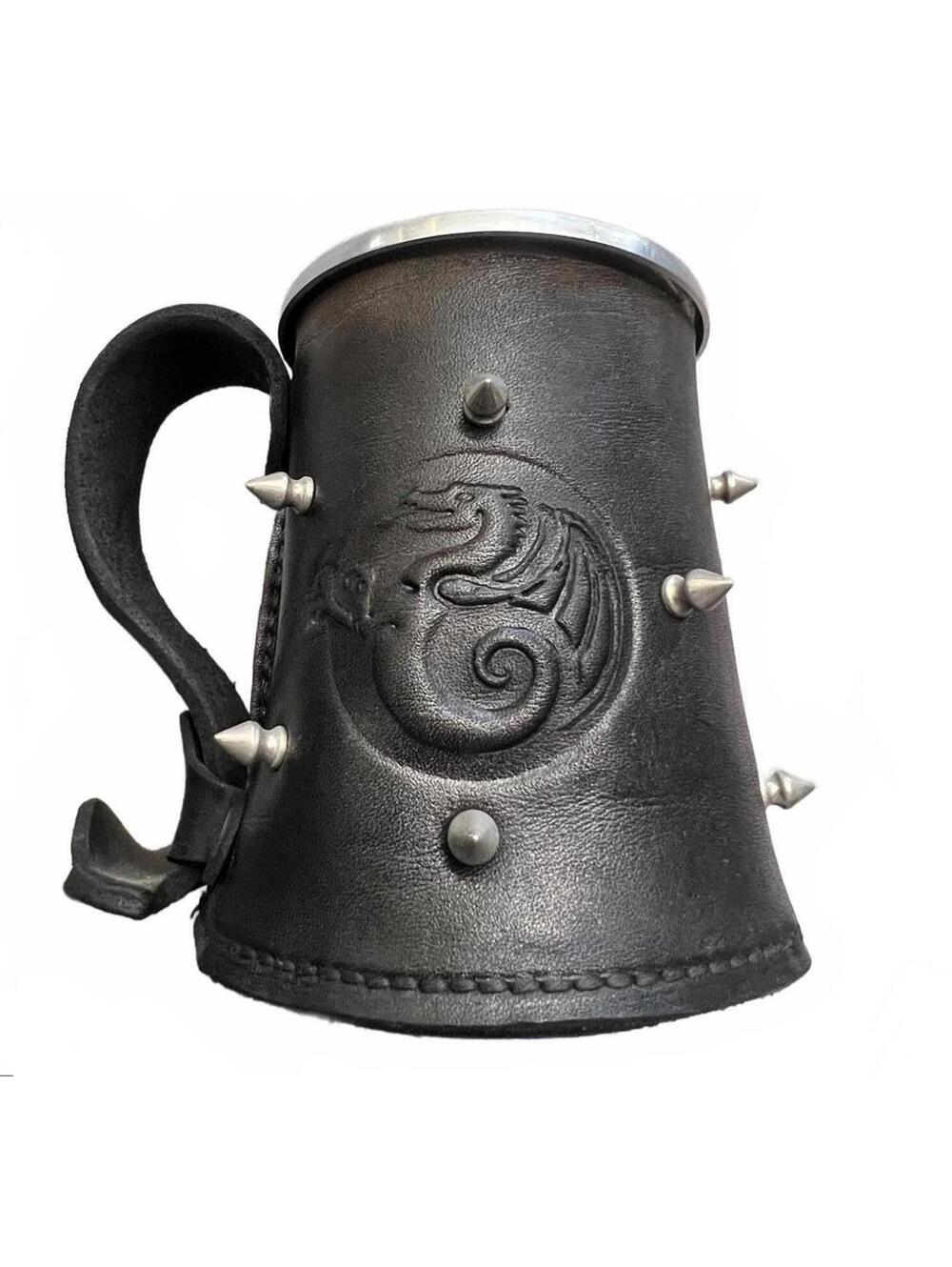 Embossed Studded Leather & Steel Stein Tankard Mug, Dungeon Master Gothic Dragon
